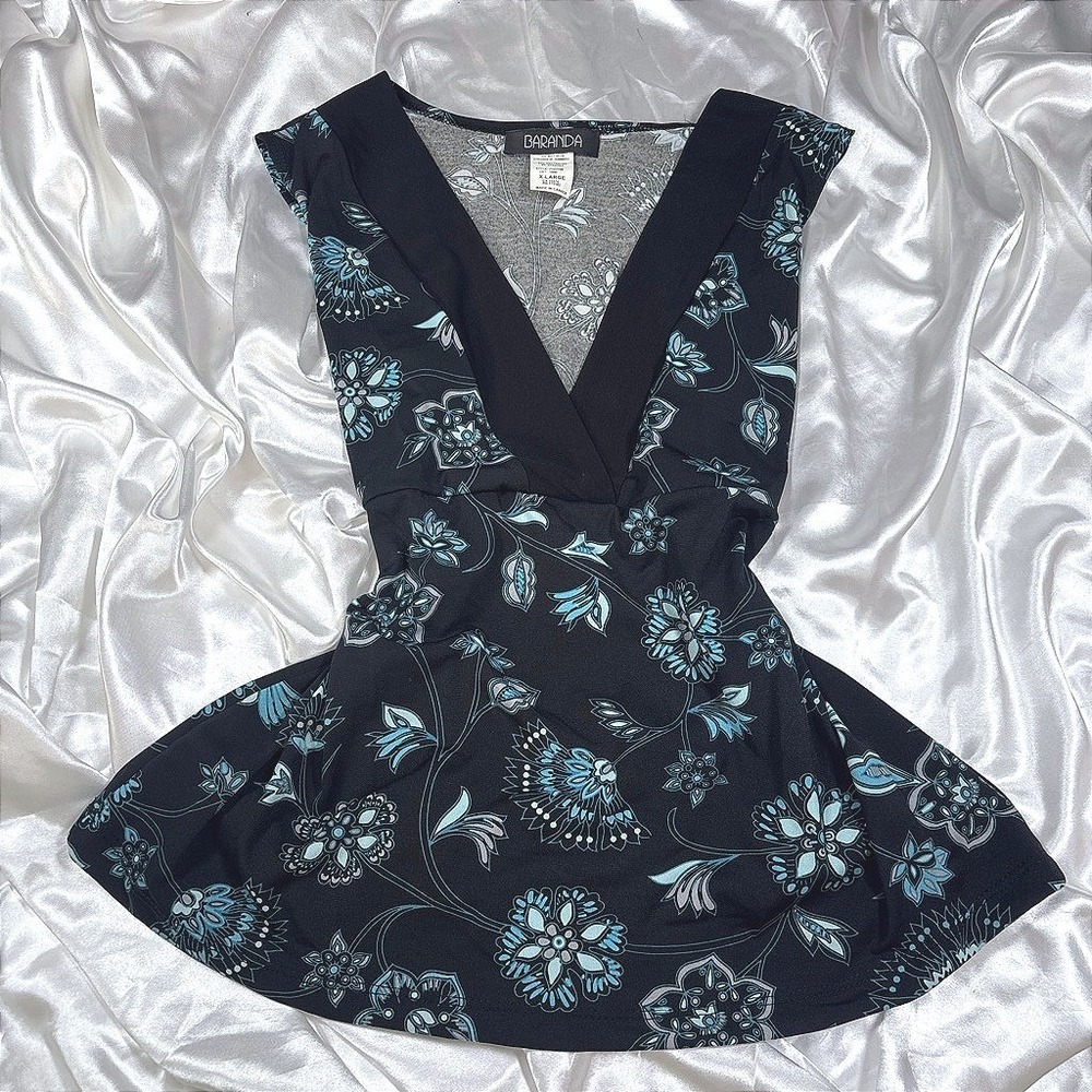 y2k Baranda Peplum Top Black Teal Floral Excellent Sleeveless V-Neck XL